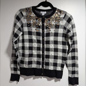 Charter Club Black and White Checkered Cardigan with Gold Accents Women's Size S